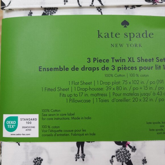 Kate Spade New York 3 Piece Twin XL Sheet Set Dancing Poodles Cotton Black White - Picture 7 of 9